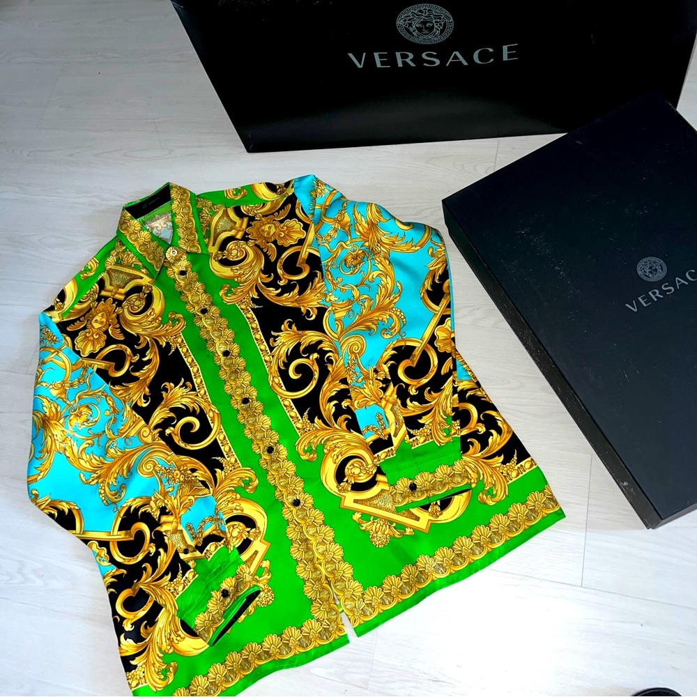 Tiffany Blue, Kelly Green, Black and Gold Silk Versace Shirt Size XXL 43